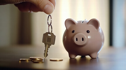 Saving money is essential, as shown by hand holding key next to piggy bank and coins. This symbolizes financial security and smart saving habits