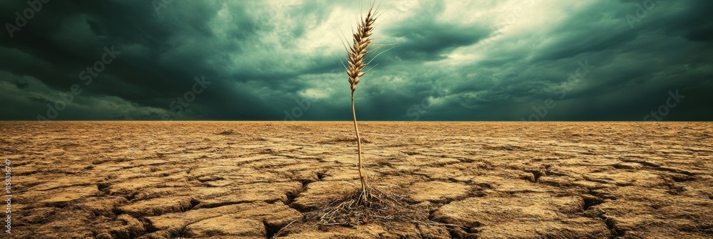 Poster withered wheat stalk stands alone in a dry barren field under an ominous sky before an impending sto