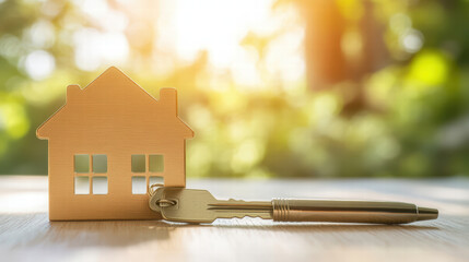 key and house shaped keychain on table with pen, symbolizing home ownership and new beginnings. warm sunlight adds hopeful touch to scene