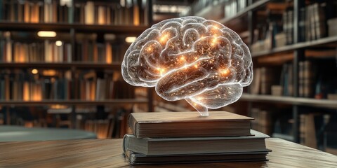 science and education concept, a glowing brain with books on a wooden table in library background