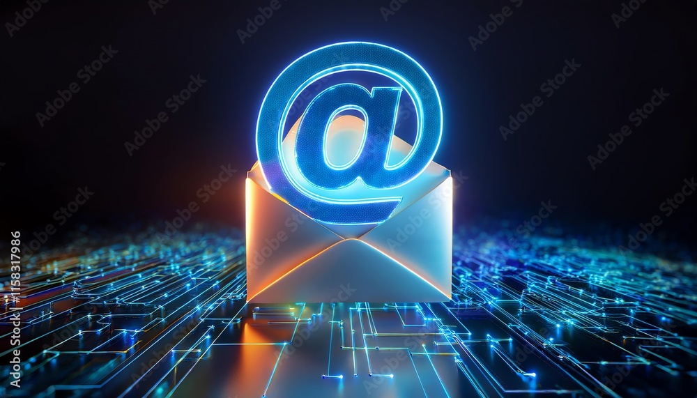 Poster a digital envelope with a glowing @ symbol, representing email communication in a tech-inspired envi