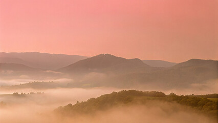 Obraz premium Sunrise paints the misty mountain landscape with vibrant hues as the sun emerges from behind distant peaks