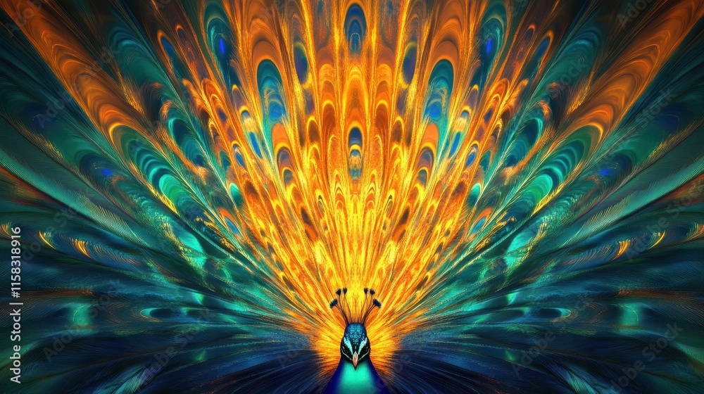 Leinwandbilder Vibrant display of peacock tail feathers in a striking fan shape radiating colorful patterns. Generative AI
