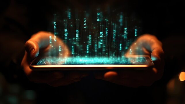 Hands Holding Tablet with Futuristic Holographic Inventory Data Display for Supply Chain Management