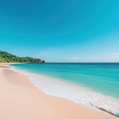 Fototapeta premium Serene Tropical Beach with Gentle Waves Lapping Against Golden Sand Under Clear Blue Sky and Lush Greenery on the Horizon, Perfect for Relaxation and Vacation Imagery