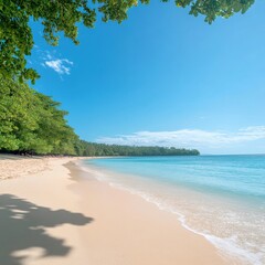 Serene beach scene with golden sand, crystal clear turquoise water, and lush green trees on a sunny day, ideal for travel and nature photography projects.