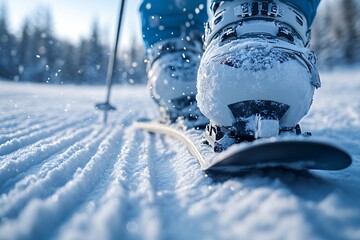 Winter Wonderland Skiing: Close-up of skis gliding across pristine snow, capturing the thrill and beauty of winter sports.