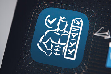 A fitness app icon coming to life, holding a checklist of completed goals