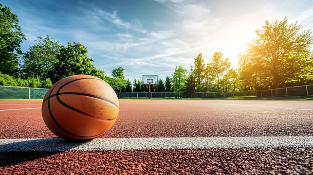 Outdoor court surrounded by greenery with a basketball near the sideline under a bright sky