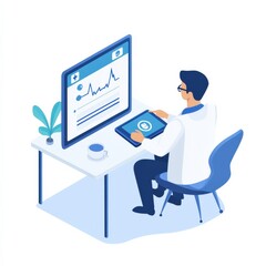 Fototapeta premium Doctor Using Digital Tablet for Patient Health Monitoring in a Modern Medical Office Setting with Graphs and Data Displayed on a Large Screen