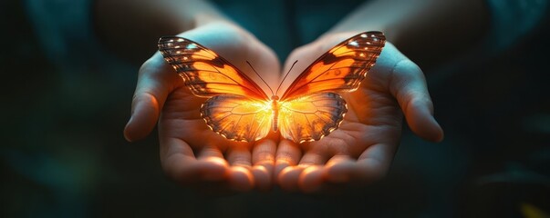Hands Cupping Luminous Butterfly Symbolizing Transformation and Contentment
