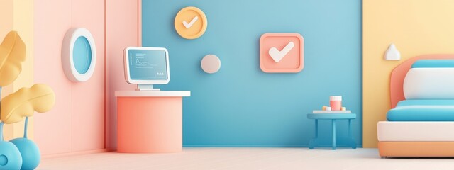 Vibrant and Modern Interior Design of a Stylish Room Featuring Soft Pastel Colors, Minimalist Furniture, and Decorative Elements for a Calm Atmosphere