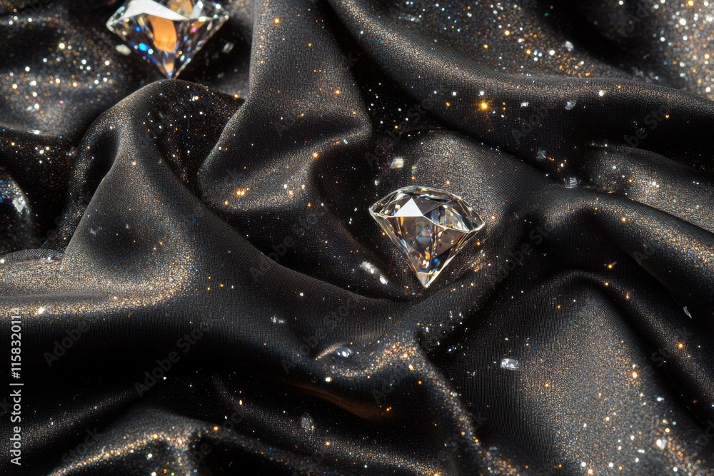 Fototapete Large sparkling diamonds on luxurious black fabric with shimmering textures perfect for mock up design and text application. Generative AI