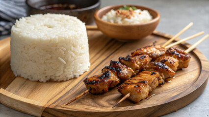 Delicious grilled chicken skewers served with rice and sauce, perfect for meal