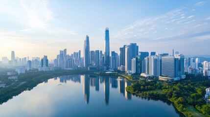 Aerial View of Modern City Skyline Reflected in Calm Water During Golden Hour with Skyscrapers and Lush Greenery Surrounded by Urban Landscape