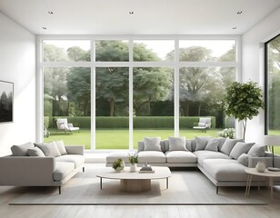 Fototapeta premium Modern Living Room with Expansive Garden View