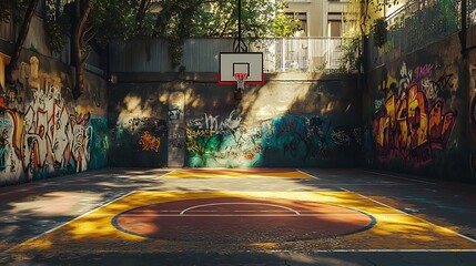 Urban basketball court with graffiti walls and a basketball near the center circle