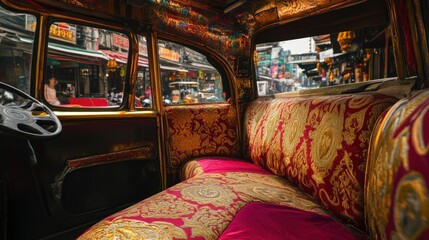 Ornate vintage vehicle interior with richly decorated upholstery, viewed from the passenger seat, showing a bustling street scene through the windows.