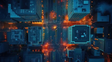 Fototapeta premium Aerial night view of city streets and illuminated buildings.