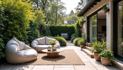 Stylish outdoor lounge area with silver bean bag chairs and lush greenery in a bright garden
