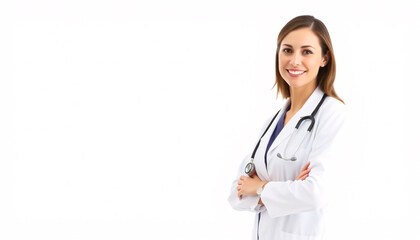 A photorealistic depiction of a professional female doctor  set against a pristine, pure white background, confident smile, white coat, stethoscope, neatly styled hair, soft even lighting, shadow-free