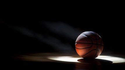 Fototapeta premium Basketball sitting under a bright spotlight in a shadowy sports arena