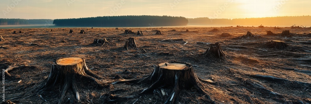 Aufkleber deforested landscape showcases stark tree stumps against a backdrop of fading sunlight and distant f