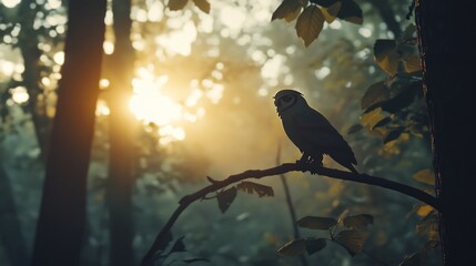 Obraz premium Silhouetted owl perched on a branch in a misty forest at sunrise.