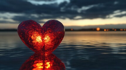 Fototapeta premium Glowing heart-shaped object floats on calm water at sunset.