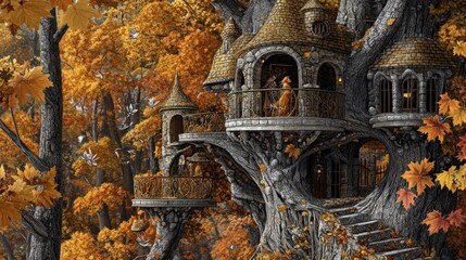 Obraz premium Autumnal treetop castle with couple on balcony.