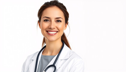 A photorealistic depiction of a professional female doctor  set against a pristine, pure white background, confident smile, white coat, stethoscope, neatly styled hair, soft even lighting, shadow-free