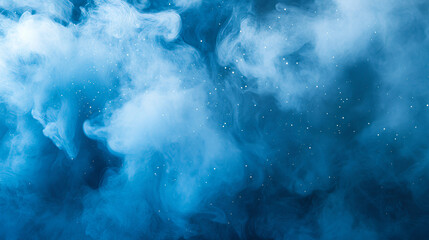 Obraz premium Fantastic blue smoke background. Magic blue smoke with glitter and small particles of twinkling stars. Fog with luminous particles. blue vapor with stardust. Morning fog over land or water surface