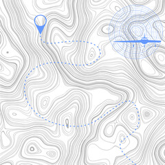 Abstract background with stripes or curved lines. Relief map with route and location pin. Travel by air
