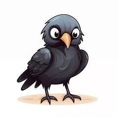 Obraz premium Crow-like bird with black feathers and white eyes isolated on white background.Bird illustration. Animal tales, children’s books, mystery themes.Mystery. Wisdom. The silent observer of nature.