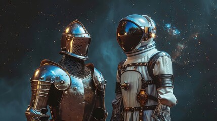 Fototapeta premium A medieval knight in shining armor standing alongside a futuristic astronaut, symbolizing the fusion of history and the future. 