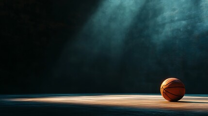 Basketball spotlighted dramatically on a dim sports court with textured details visible