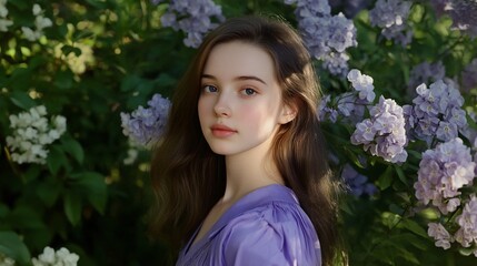 Naklejka premium A young woman poses gracefully among blooming flowers.
