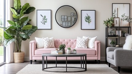 Pink button-tufted sofa in modern living room with plants, art, and grey accent chair.