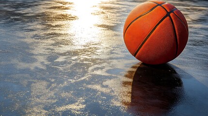 Basketball illuminated starkly on a court with deep shadows and subtle reflections