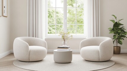Fototapeta premium Two cream armchairs face each other across a round coffee table in a bright living room with large window and plant.