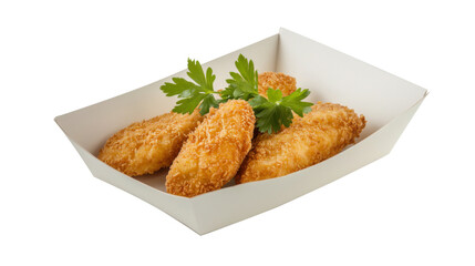 Golden-brown fried chicken pieces coated in crispy batter, served in a white paper tray. The food is isolated on a transparent background