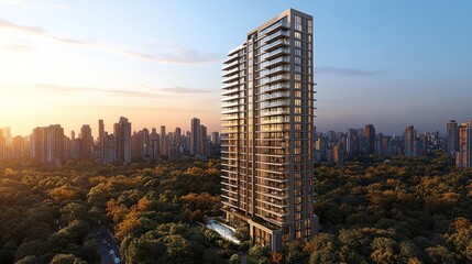 Fototapeta premium Modern skyscraper surrounded by lush greenery at sunset.