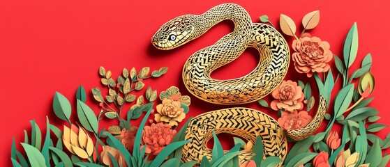 Obraz premium Chinese New Year Theme, A snake is surrounded by flowers and leaves on a red background
