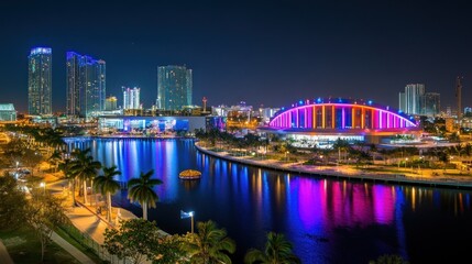 Naklejka premium Night cityscape with illuminated bridge and waterfront.