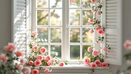 Maternity backdrop, wedding backdrop, photography background with delicate flowers and vintage white wall and windows.