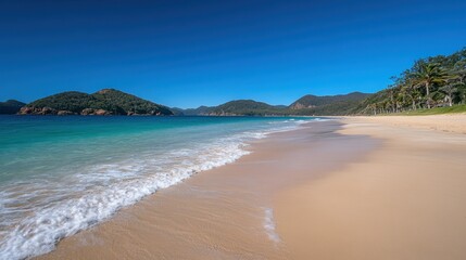 Obraz premium Pristine tropical beach with turquoise water, white sand, and lush green hills under a vibrant blue sky.