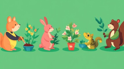 Fototapeta premium Cute animals gardening together, planting flowers and plants in pots.
