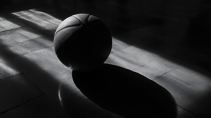 Bright light beaming on a basketball on a dark floor with dramatic shadow details