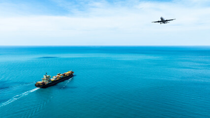 Aerial view of the freight shipping transport system cargo ship container. international transportation Export-import business, logistics, transportation industry concepts	