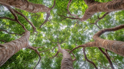 Fototapeta premium Low angle view of lush green canopy with large tree trunks.